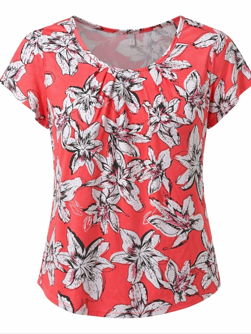 Emily Stacy Coral Floral Short Sleeve Top w/ Silver Buckle Detail Size Large